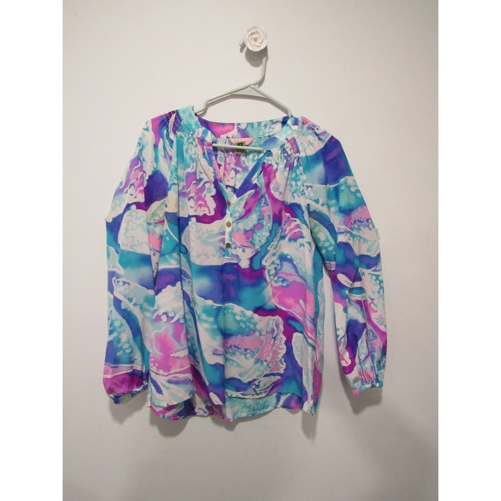 Lilly Pulitzer Elsa Silk Blouse Blue Purple Abstract Print Smocked Top 41773